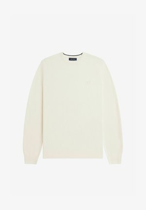 Pull beige clair en tissu en maille douce, avec un col rond, des manches longues, des poignets côtelés et un petit logo sur la poitrine.