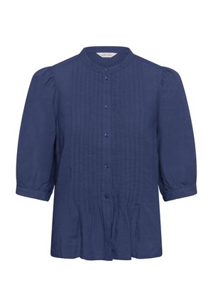 Blouse bleu marine à boutons avec manches bouffantes trois-quarts, plis verticaux sur le devant et col rond.
