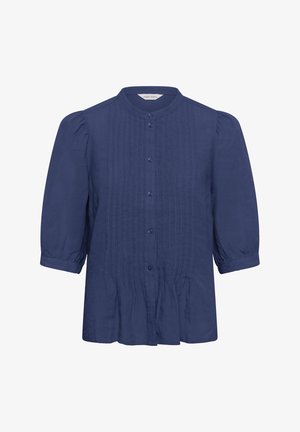 Bluza mornarsko plave boje s gumbima, tročetvrtinskim napuhanih rukava, okomitim naborima sprijeda i okruglim ovratnikom.