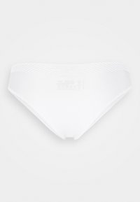 Vita bikiniunderdelar med en texturerad midjeresår som har ett geometriskt mönster, skurna i en klassisk form, designade för komfort och passform.