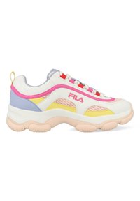 White sneaker with pink, yellow, and purple accents; features mesh panels, padded tongue, and chunky sole with textured grip. Fila logo displayed.