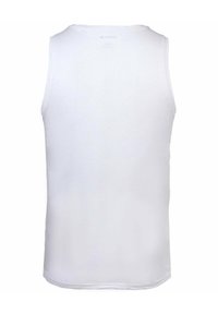 White sleeveless tank top made of smooth fabric, featuring a round neck and no visible patterns or hardware. Simple and minimalistic design.