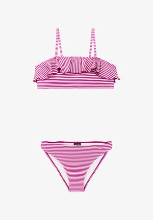 Djevojački bikini komplet u ružičastoj i bijeloj boji s prugama, s gornjim dijelom ukrašenim volančićima i tankim naramenicama, s vodoravnim prugama i donjim dijelom s niskim strukom.