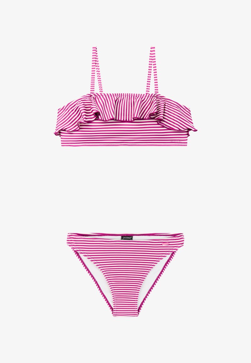 Mädchen-Bikini-Set in Rosa und Weiß mit Rüschenoberteil und dünnen Schulterträgern, versehen mit horizontalen Streifen und einem tief geschnittenen Bikinihöschen.