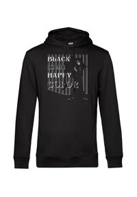 Svart hoodie i bomullsblandning, med en framsidesgrafik som har texten "SVART ÄR MIN GLADA FÄRG" och en styliserad figur.