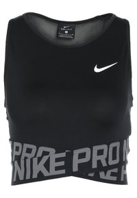 Černý bezrukávový crop top Nike Pro Dri-FIT s bílým logem swoosh na hrudi a šedým textem loga na širokém elastickém pásku.