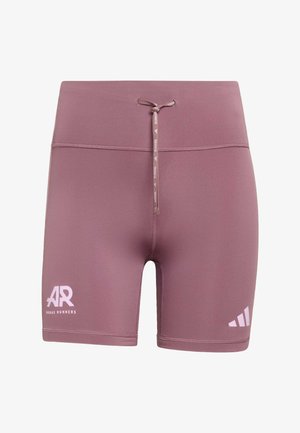 Dusty pink Adidas running shorts with a drawstring waist, Adidas Runners logo on left leg, and Adidas logo on right leg.