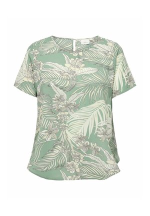 Grüne Kurzarmbluse mit weißem und beigem tropischem Blatt- und Blumenmuster, rundem Ausschnitt und Knopfleiste hinten.