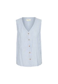 Blouse sans manches à rayures verticales bleu clair et blanc, avec un col en V, une fermeture à boutons sur le devant et un ourlet légèrement arrondi.