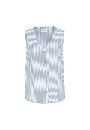 Sleeveless blouse in light blue and white vertical stripes, featuring a V-neck, button-down front, and slightly curved hem.