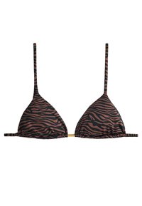 Trojni bikini top v črno-rjavi tigrovi vzorčici, narejen iz mehke tkanine z tankimi naramnicami in nabranimi detajli ob robovih.