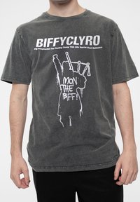 Gray cotton T-shirt with a crew neck, featuring a white graphic of a hand and text "BIFFY CLYRO" and "MON THE BIFF!" in bold lettering.