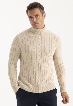 Homme portant un pull à col roulé beige en maille torsadée et un pantalon sombre, debout avec une main dans la poche sur fond blanc.