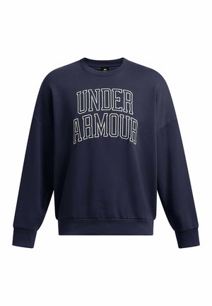 Navyblaues Sweatshirt mit dem Schriftzug "UNDER ARMOUR" in fetten, weißen Buchstaben. Es hat einen runden Hals, lange Ärmel und einen lockeren Schnitt.