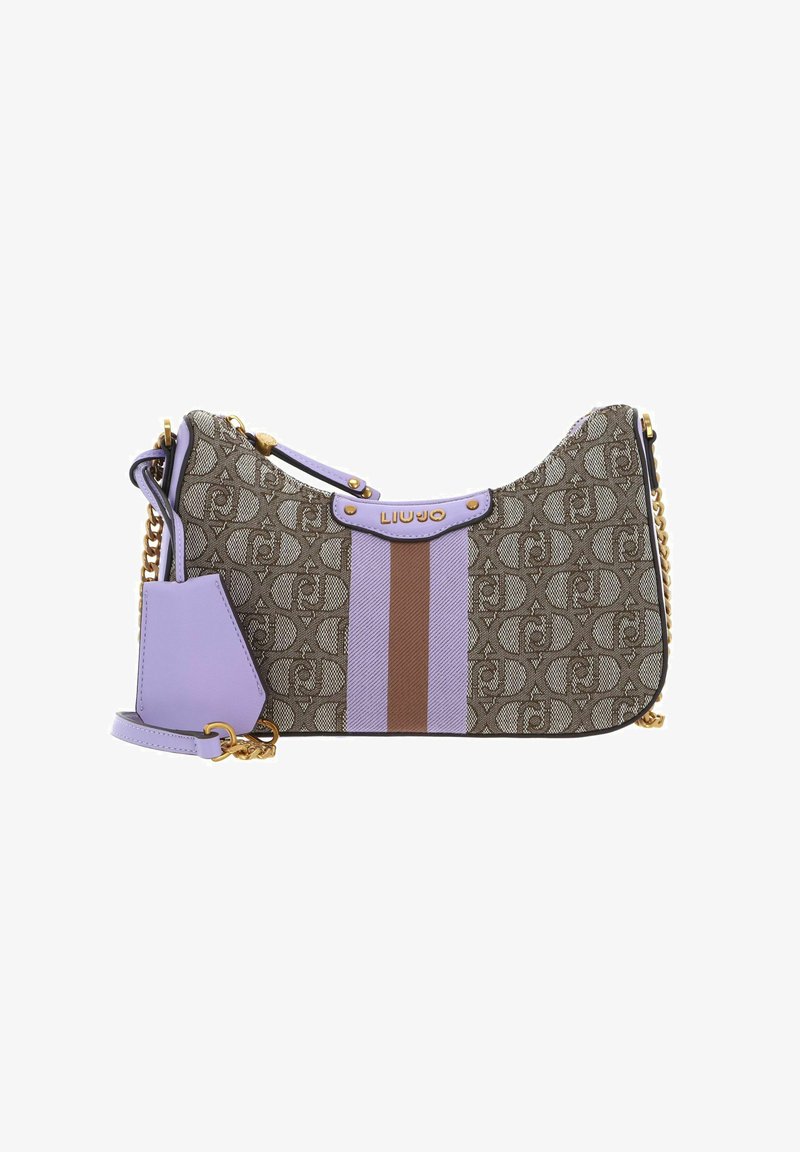 Borsa a spalla in tessuto marrone con motivo e dettagli lilla, con tracolla in catena dorata e una striscia marrone. Logo visibile sul fronte.