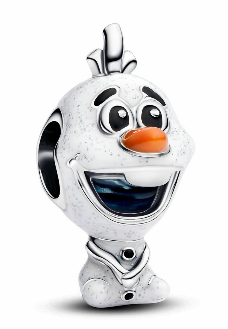 Čar s oblikom nasmejanega sneška, z velikimi očmi, oranžnim korenčkovim nosom in detajlom srebrnega šalčka.