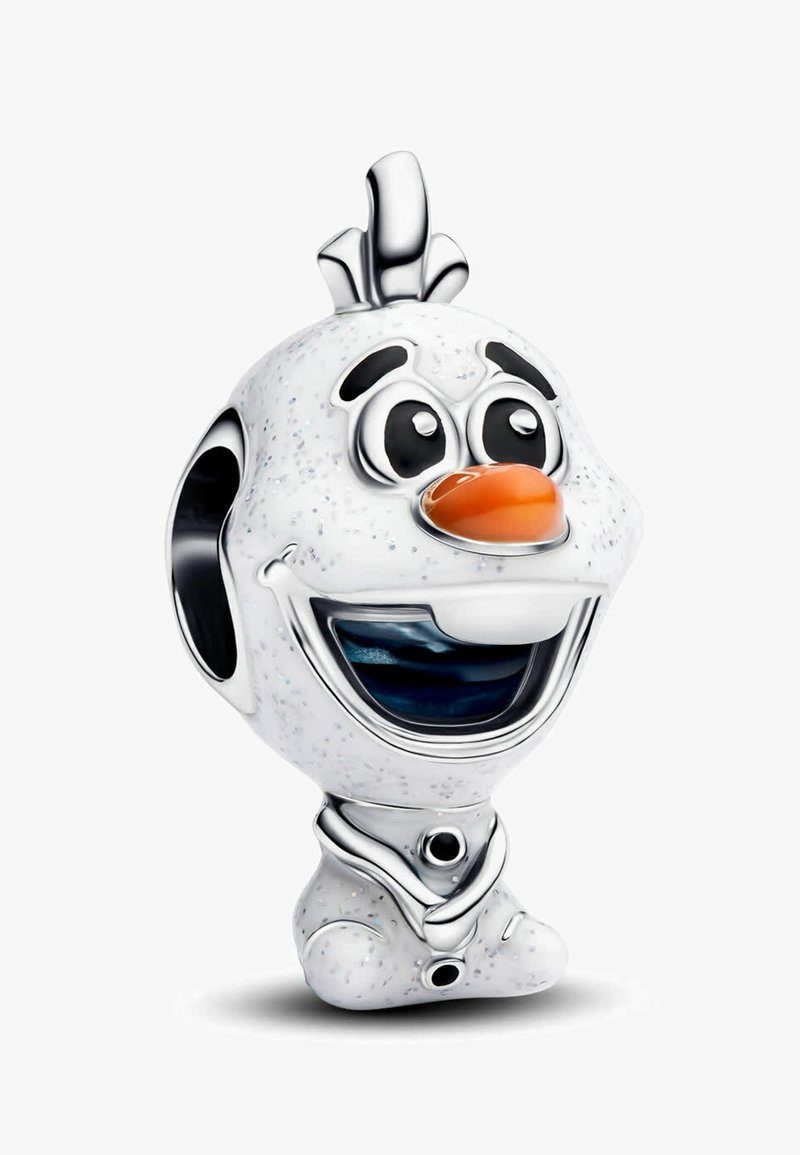 Čar s oblikom nasmejanega sneška, z velikimi očmi, oranžnim korenčkovim nosom in detajlom srebrnega šalčka.