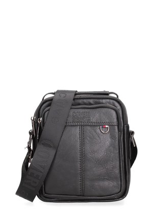 Sac bandoulière en cuir noir avec poche avant zippée, sangle réglable et logo "COVERI active" embossé à l'avant.