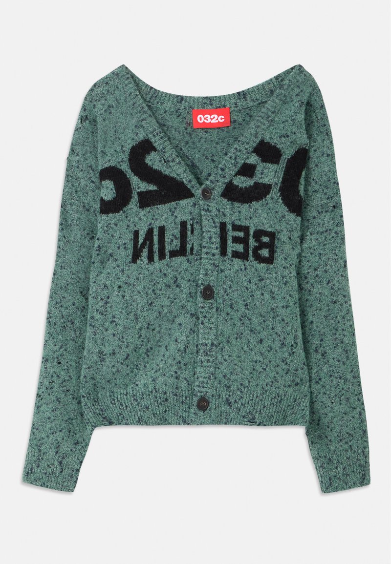 Green speckled cardigan made of soft knit fabric features a deep V-neck, black lettering, and five black buttons down the front.