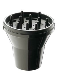 Zwarte plastic pot met een conische vorm, meerdere afwateringsgaten en verhoogde verticale uitsteeksels binnenin. Gladde buitenafwerking.