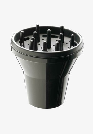Black plastic pot featuring a conical shape, multiple drainage holes, and raised vertical spikes inside. Smooth exterior finish.
