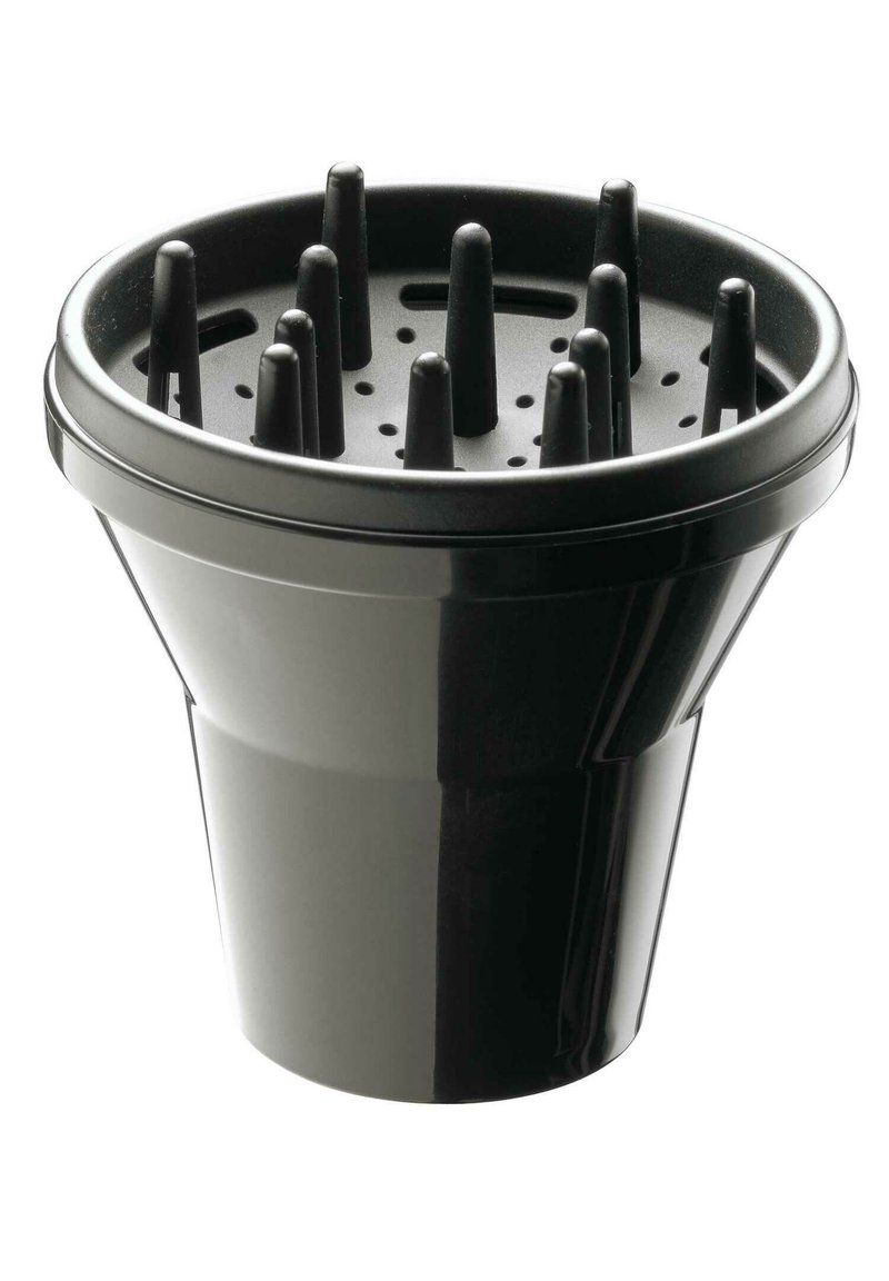 Zwarte plastic pot met een conische vorm, meerdere afwateringsgaten en verhoogde verticale uitsteeksels binnenin. Gladde buitenafwerking.