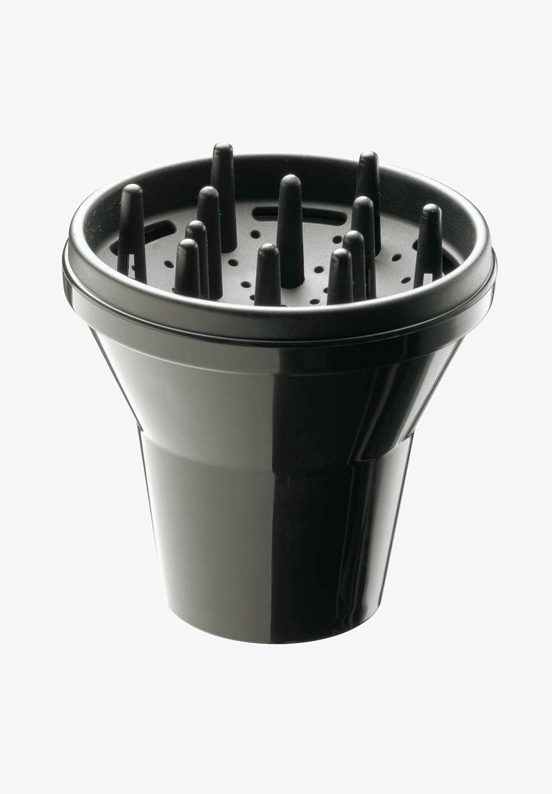 Zwarte plastic pot met een conische vorm, meerdere afwateringsgaten en verhoogde verticale uitsteeksels binnenin. Gladde buitenafwerking.