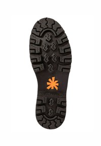 Semelle de chaussure en caoutchouc noir avec des profils profonds et un logo central entouré d'un design en éclats d'orange. Prévue avec des motifs texturés pour l'adhérence.