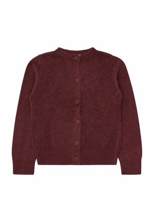 Vinrød strikket cardigan med lange ærmer, rund hals og seks matchende knapper foran.