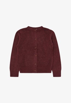 Cardigan bordeaux tricoté à manches longues avec col rond et six boutons assortis sur le devant.