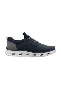 Navy blue athletic shoe with a textured upper, gray suede accents, white cushioned sole featuring visible air pockets, and gray laces.