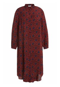 Robe à motifs rouges avec accents bleus, manches longues, boutonnée à l'avant et coupe décontractée. Confectionnée en tissu léger avec un design texturé.