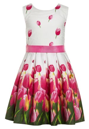 Florales Kleid mit weißem Oberteil, das kleine pinkfarbene Tulpenmotive zeigt. Der Rock zeigt einen Farbverlauf von Tulpen in Pink- und Grüntönen. Rosa Schleifengürtel.