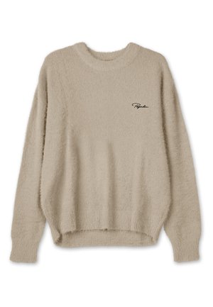 Beige pūkains džemperis ar apaļu kakla izgriezumu, garām piedurknēm un nedaudz īsu apakšmalu. Uz kreisā krūšu laukuma ir izšūta logo.