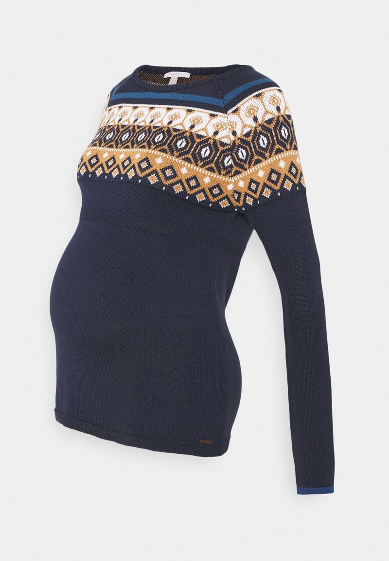 Navy blue maternity sweater with long sleeves, featuring a patterned chest region in orange and white geometric designs and a ribbed hem.