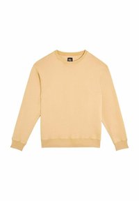 Sweatshirt jaune clair en tissu doux. Il possède un col rond, des manches longues et des poignets et un ourlet côtelés. Design minimaliste.