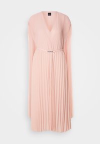Pleated dress in soft pink fabric with a deep V-neck. Features long sleeves and a cinched waist with a silver-tone belt detail.