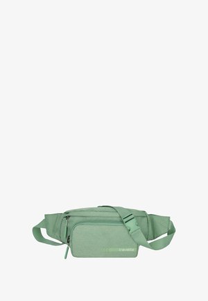 Grüner Stoff-Fanny-Pack mit texturiertem Oberflächen, verstellbarem Gurt, vorderer Reißverschlusstasche und Markenlogo. Kompakte, rechteckige Form.