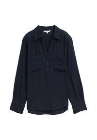 Mörkblå långärmad blus med stora framfickor, knappslå, krage och manschetter.