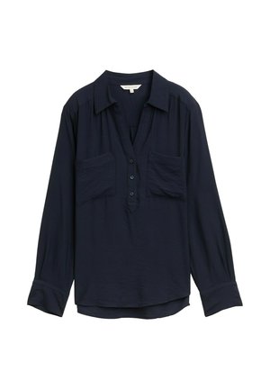 Blusa a maniche lunghe blu navy con grandi tasche frontali, patta con bottoni, colletto e maniche con polsini.