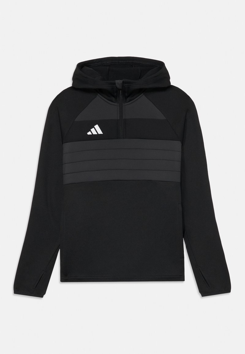 Sweat à capuche noir présentant un design à zip demi-ouvert, une capuche et des détails en bande grise foncée contrastante sur la poitrine. Fabriqué en tissu texturé.