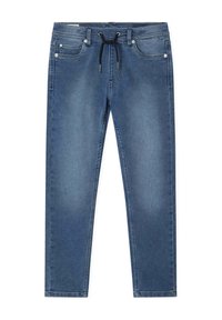 Jeans de denim en un color azul medio, con cintura ajustable mediante cordones, dos bolsillos frontales y un corte recto con un ligero desvanecimiento.