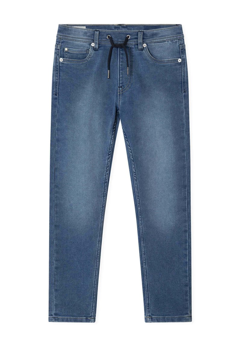 Jeans de denim en un color azul medio, con cintura ajustable mediante cordones, dos bolsillos frontales y un corte recto con un ligero desvanecimiento.