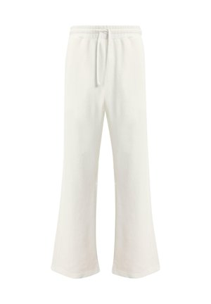 Pantaloni di cotone bianco con vestibilità rilassata, dotati di vita con cordino, gambe larghe e una texture liscia. Nessun motivo o dettaglio visibile.