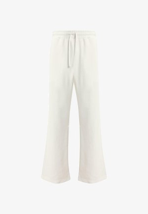 Pantaloni di cotone bianco con vestibilità rilassata, dotati di vita con cordino, gambe larghe e una texture liscia. Nessun motivo o dettaglio visibile.
