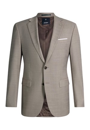 Blazer homme marron clair avec revers crantés, deux poches avant à rabat, une poche poitrine avec un mouchoir blanc et fermeture à deux boutons.