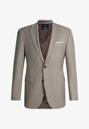 Light brown men's blazer with notch lapels, two front flap pockets, one chest pocket with white handkerchief, and two-button closure.