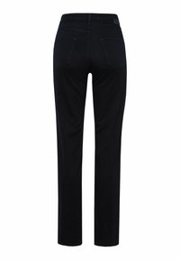 Schwarze Jeanshose mit geradem Bein, fünf Taschen und glatter Textur. Ausgestattet mit einem Bund und Gürtelschlaufen.