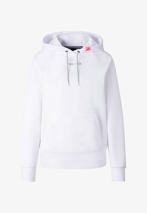 Biała bluza z kapturem, przednią kieszenią i sznurkami oraz szarym logo "FIRE + ICE" na środku klatki piersiowej.