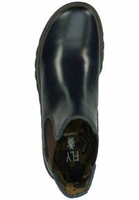 Zapato de cuero azul marino sin cordones con punta redondeada y paneles laterales elásticos. Forro interior marrón con patrón floral. Suela texturizada duradera.